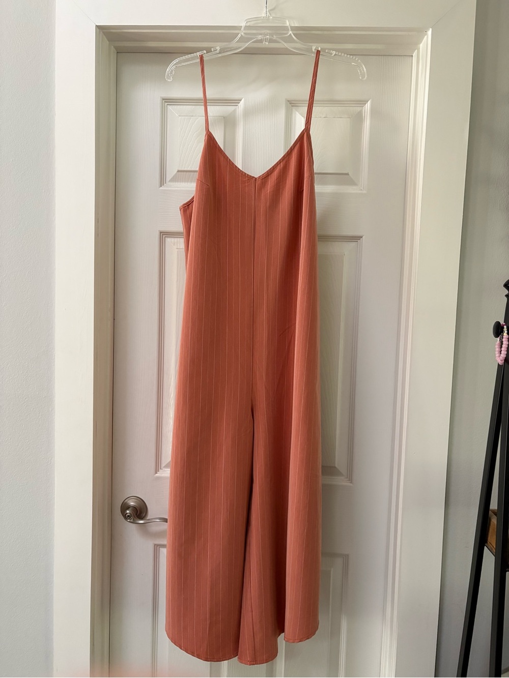Mystree Rust Pinstripe Spaghetti-Strap Jumpsuit